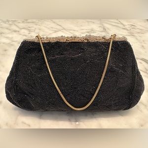 Antique FRENCH Black Beaded Clutch with Jeweled Frame